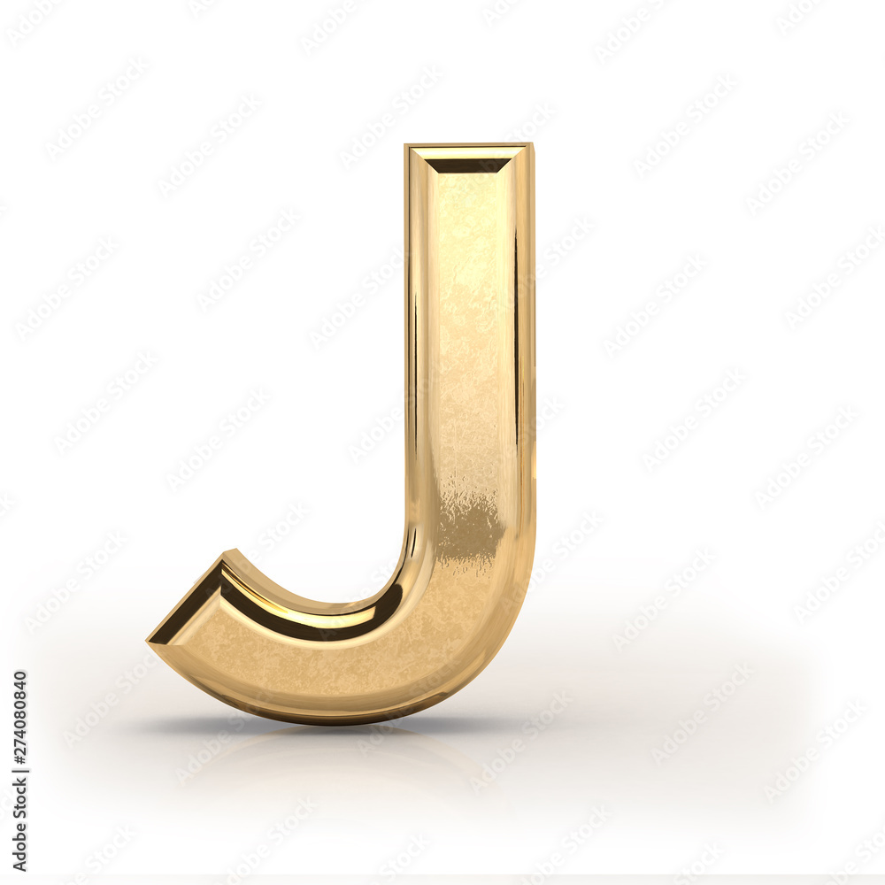 Golden font, letter J, 3d render, gold metal texture, on white background Golden font, letter J, 3d render, gold metal texture, on white background
