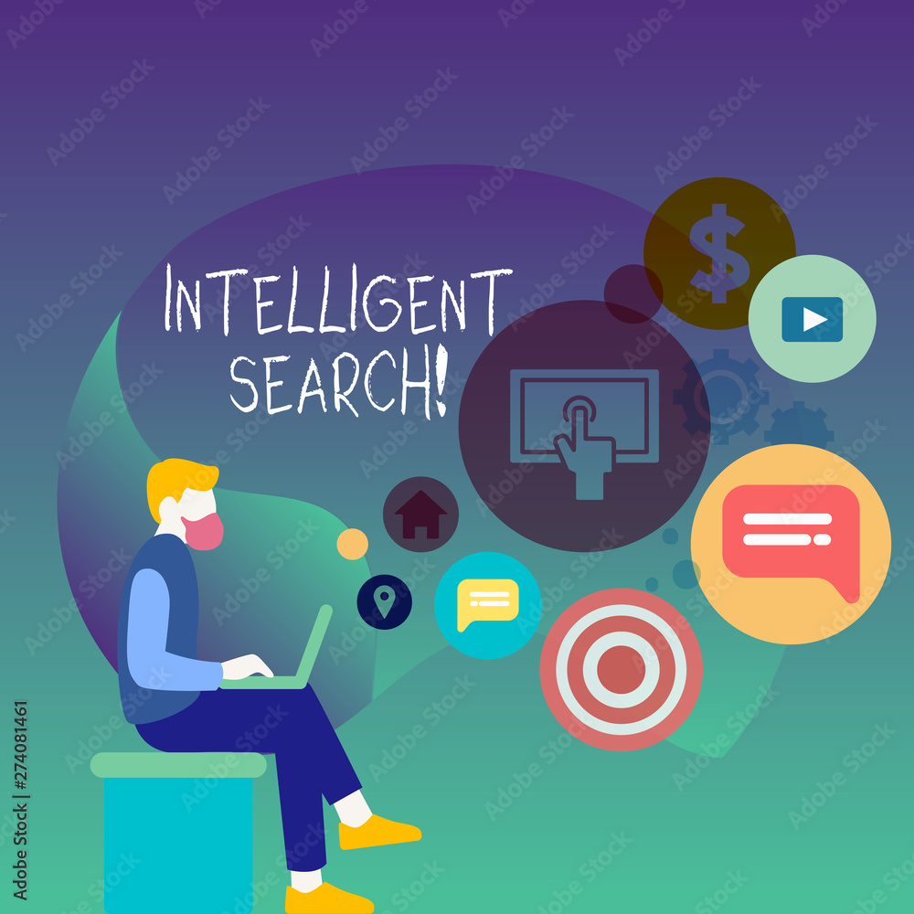 Text sign showing Intelligent Search. Business photo showcasing new network of systems that produce direct answers Man Sitting Down with Laptop on his Lap and SEO Driver Icons on Blank Space Text sign showing Intelligent Search. Business photo showcasing new network of systems that produce direct answers Man Sitting Down with Laptop on his Lap and SEO Driver Icons on Blank Space