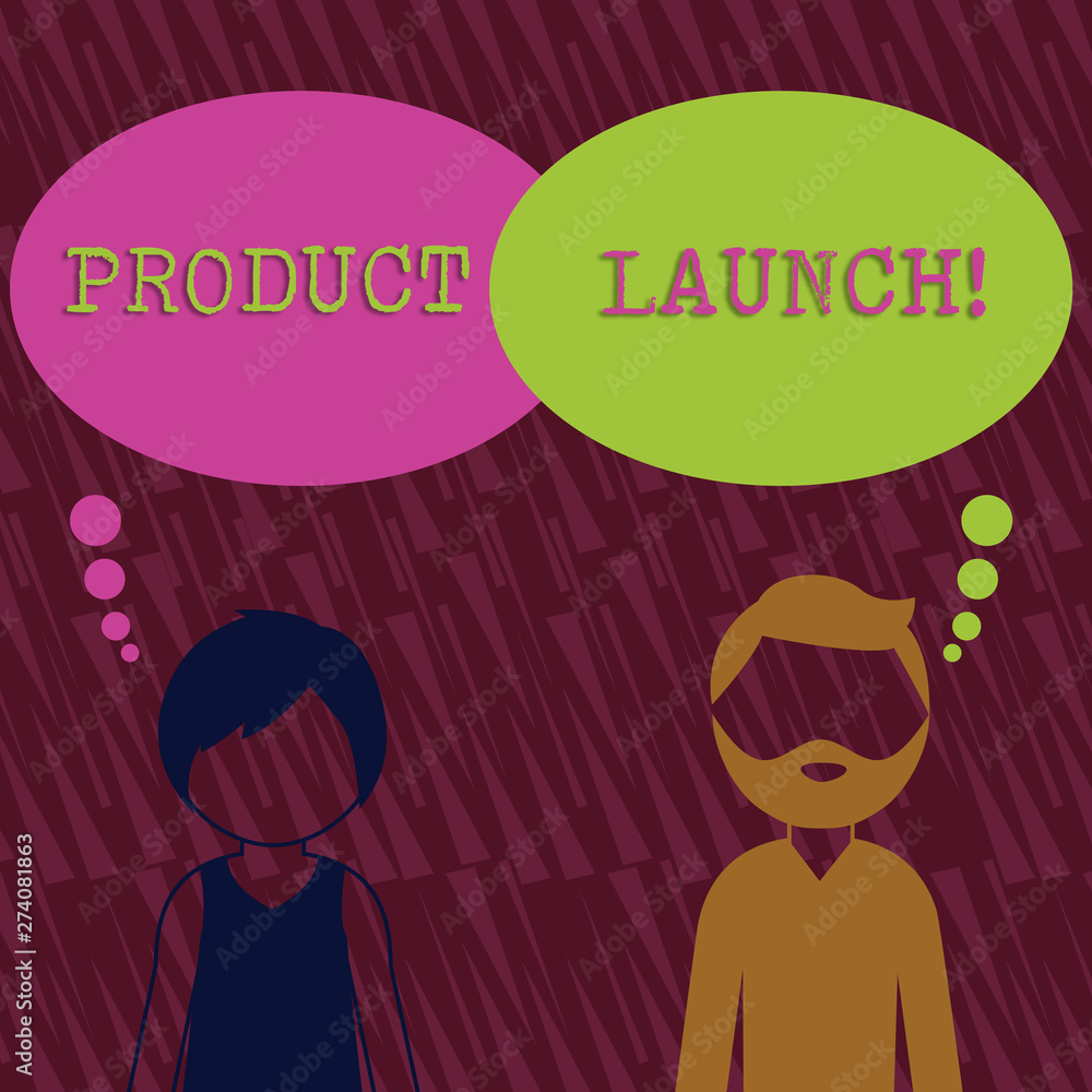 Text sign showing Product Launch. Business photo text process to introduce new product for sale for the first time Bearded Man and Woman Faceless Profile with Blank Colorful Thought Bubble Text sign showing Product Launch. Business photo text process to introduce new product for sale for the first time Bearded Man and Woman Faceless Profile with Blank Colorful Thought Bubble