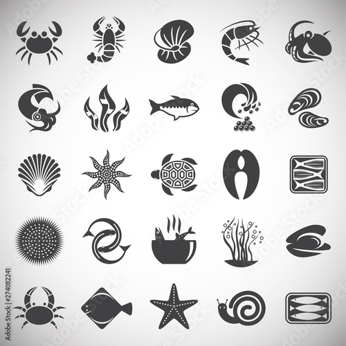 Seafood related icon set on background for graphic and web design. Simple illustration. Internet concept symbol for website button or mobile app.
