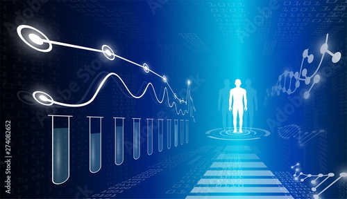 abstract background technology concept in blue light,brain and human body heal ,technology modern medical science in future and global international medical with tests analysis clone DNA human