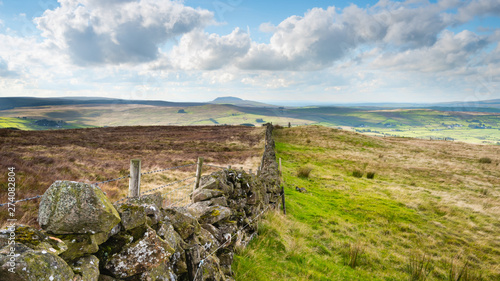 A landscape image of a dry stone wall traversing Irish moorland with Mount Slemish in the distance.