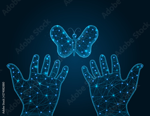 Butterfly and human hand low poly design, moths polygonal style, vector illustration on blue background