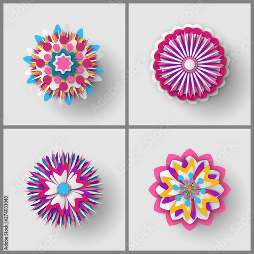 Paper cut origami of flower, colorful blossom ornament with shadow, 3d view of floral symbol, greeting or poster decorated by bouquet, festive vector