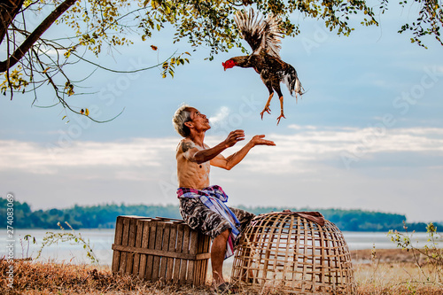 The uncle man and the chicken sprayed water from the mouth with the chickens raised