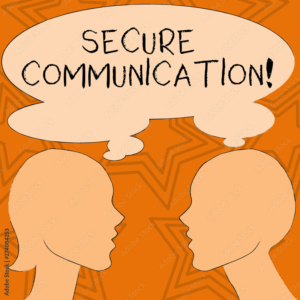 Writing note showing Secure Communication. Business concept for preventing unauthorized interceptors from accessing Silhouette Sideview Profile of Man and Woman Thought Bubble