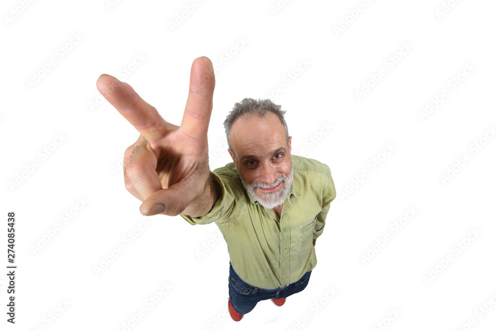 man making the victory sign on a white background man making the victory sign on a white background