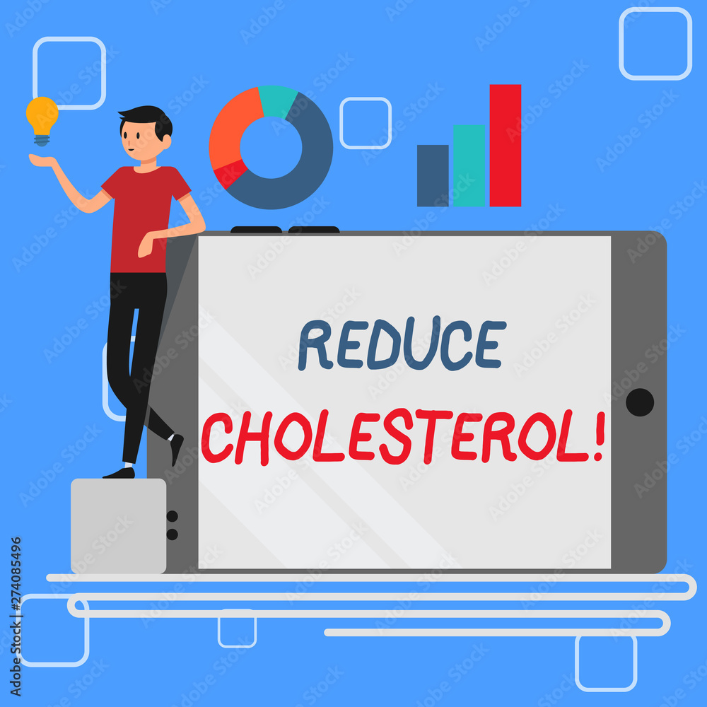 Handwriting text Reduce Cholesterol. Conceptual photo lessen the intake of saturated fats in the diet Man Leaning on Blank Smartphone Turned on Its Side with Graph and Idea Icon Handwriting text Reduce Cholesterol. Conceptual photo lessen the intake of saturated fats in the diet Man Leaning on Blank Smartphone Turned on Its Side with Graph and Idea Icon