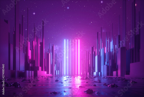 3d abstract neon background, glowing ultraviolet vertical lines, cyber space, urban scene in virtual reality, empty street in fantastic city skyscrapers under the night sky, post apocalyptic concept