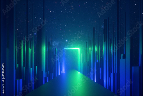 Fototapeta Naklejka Na Ścianę i Meble -  3d abstract neon background, glowing rectangular portal, vertical lines in cyber space, urban scene in virtual reality, empty road in fantastic emerald city, skyscrapers under the night sky