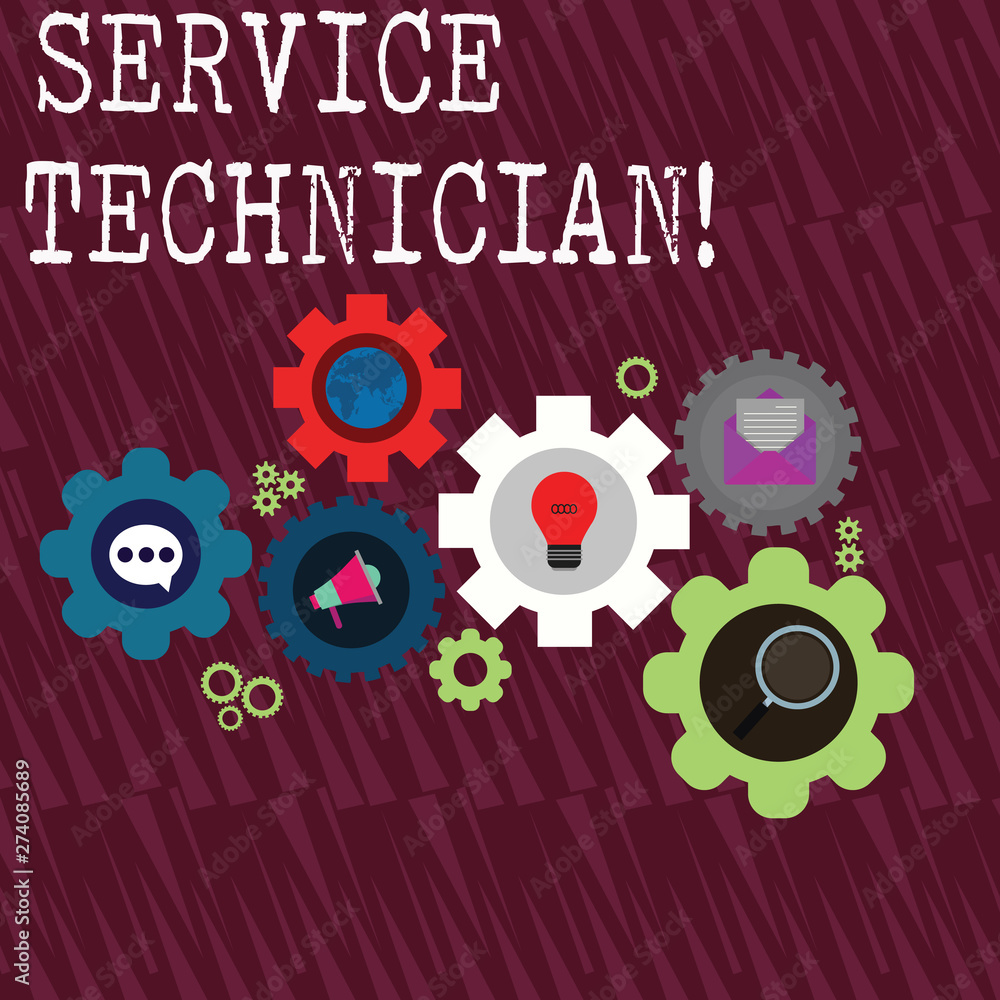 Word writing text Service Technician. Business photo showcasing Managing all on site installation and repair task Set of Global Online Social Networking Icons Inside Colorful Cog Wheel Gear Word writing text Service Technician. Business photo showcasing Managing all on site installation and repair task Set of Global Online Social Networking Icons Inside Colorful Cog Wheel Gear
