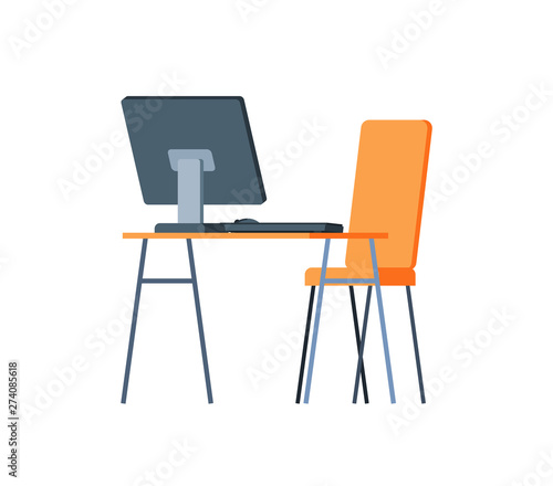 Place to work vector, workplace consisting of chair and wooden table with gadget, digital laptop computer monitor isolated furniture flat style armchair