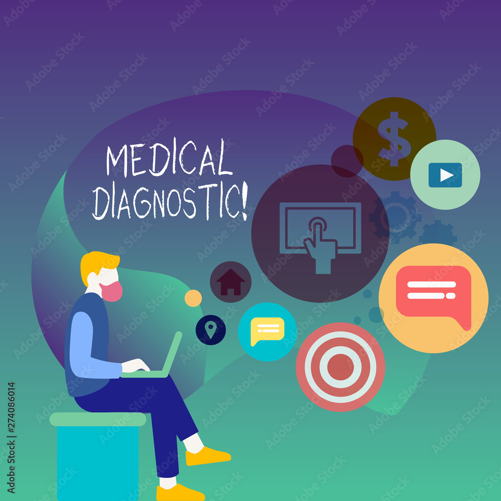 Text sign showing Medical Diagnostic. Business photo showcasing detection of diseases or other medical conditions Man Sitting Down with Laptop on his Lap and SEO Driver Icons on Blank Space Text sign showing Medical Diagnostic. Business photo showcasing detection of diseases or other medical conditions Man Sitting Down with Laptop on his Lap and SEO Driver Icons on Blank Space