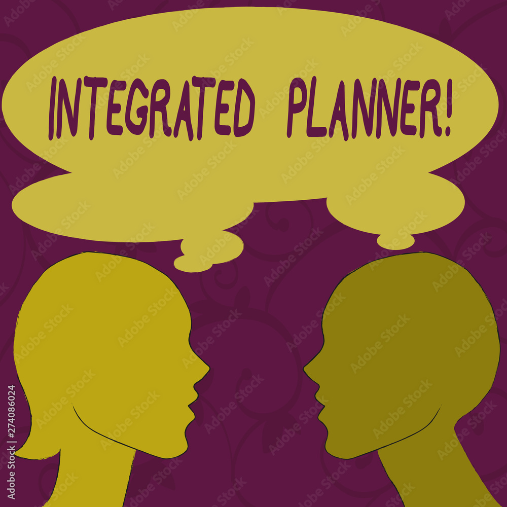 Text sign showing Integrated Planner. Business photo showcasing translating desired business outcomes into financial Silhouette Sideview Profile Image of Man and Woman with Shared Thought Bubble
