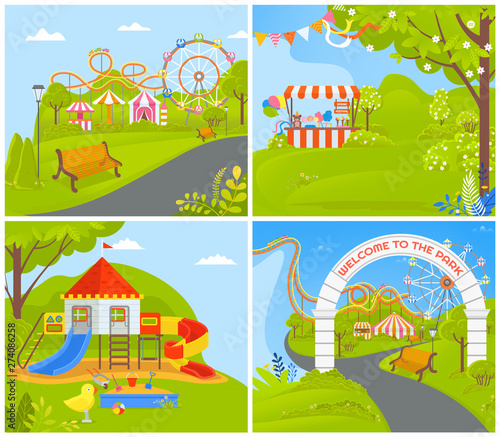 Attractions and carousels at amusement park vector, nature and greenery, trees and tent for selling stuff. Playground with wooden castle for kids, empty park