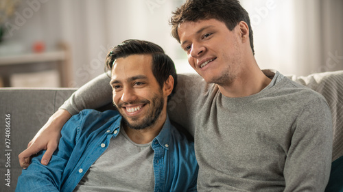Portrait of a Cute Male Queer Couple at Home. They Sit on a Sofa. Partner Embraces His Lover from Behind. They are Happy and Smiling. Room Has Modern Interior. © Gorodenkoff