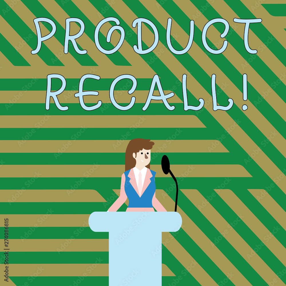Text sign showing Product Recall. Business photo showcasing process of retrieving potentially unsafe goods from consumers Businesswoman Standing Behind Podium Rostrum Speaking on Wireless Microphone Text sign showing Product Recall. Business photo showcasing process of retrieving potentially unsafe goods from consumers Businesswoman Standing Behind Podium Rostrum Speaking on Wireless Microphone