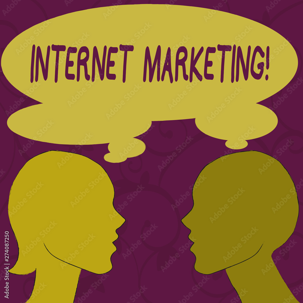 Text sign showing Internet Marketing. Business photo showcasing drive direct sales of products via electronic commerce Silhouette Sideview Profile Image of Man and Woman with Shared Thought Bubble