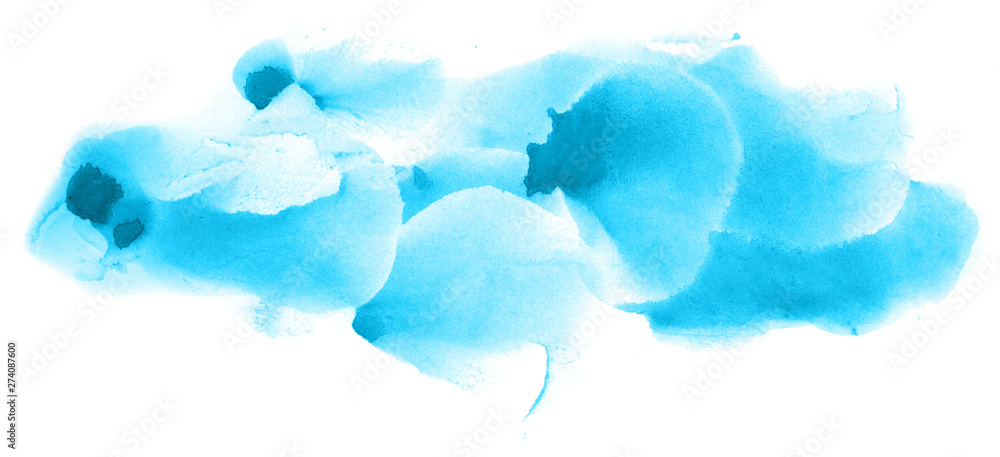 Fototapeta premium Abstract watercolor background hand-drawn on paper. Volumetric smoke elements. Cyan blue color. For design, web, card, text, decoration, surfaces.