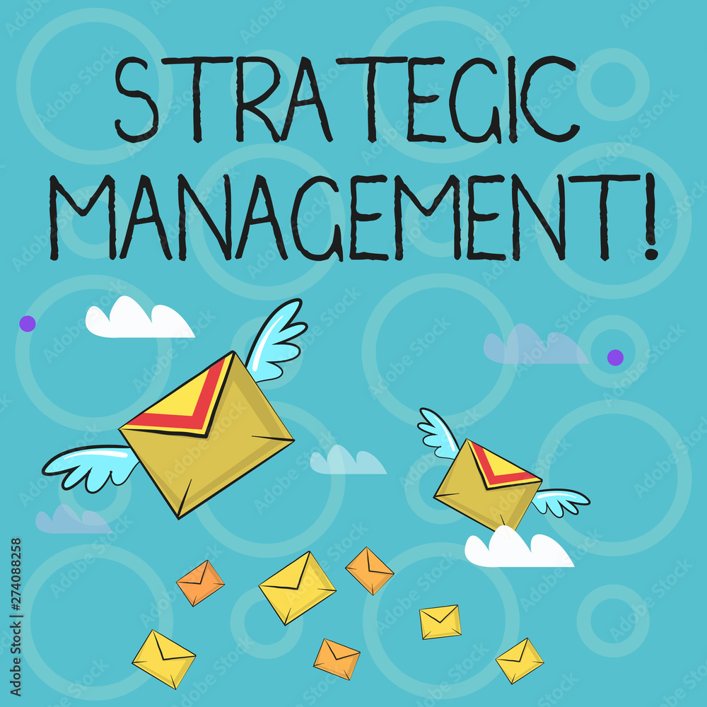 Obraz premium Conceptual hand writing showing Strategic Management. Concept meaning formulation and implementation of the major goals Colorful Airmail Letter Envelopes and Two of Them with Wings