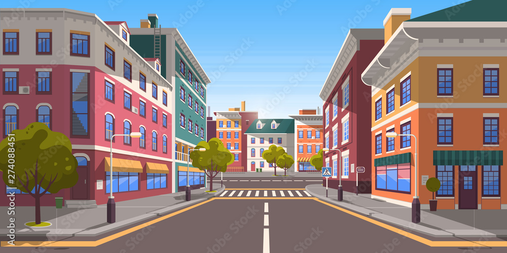 Street of town vector, city with path and roads, pedestrian crossings and zebra, trees and plants on street decorating exteriors of houses cityscape. Empty downtown road