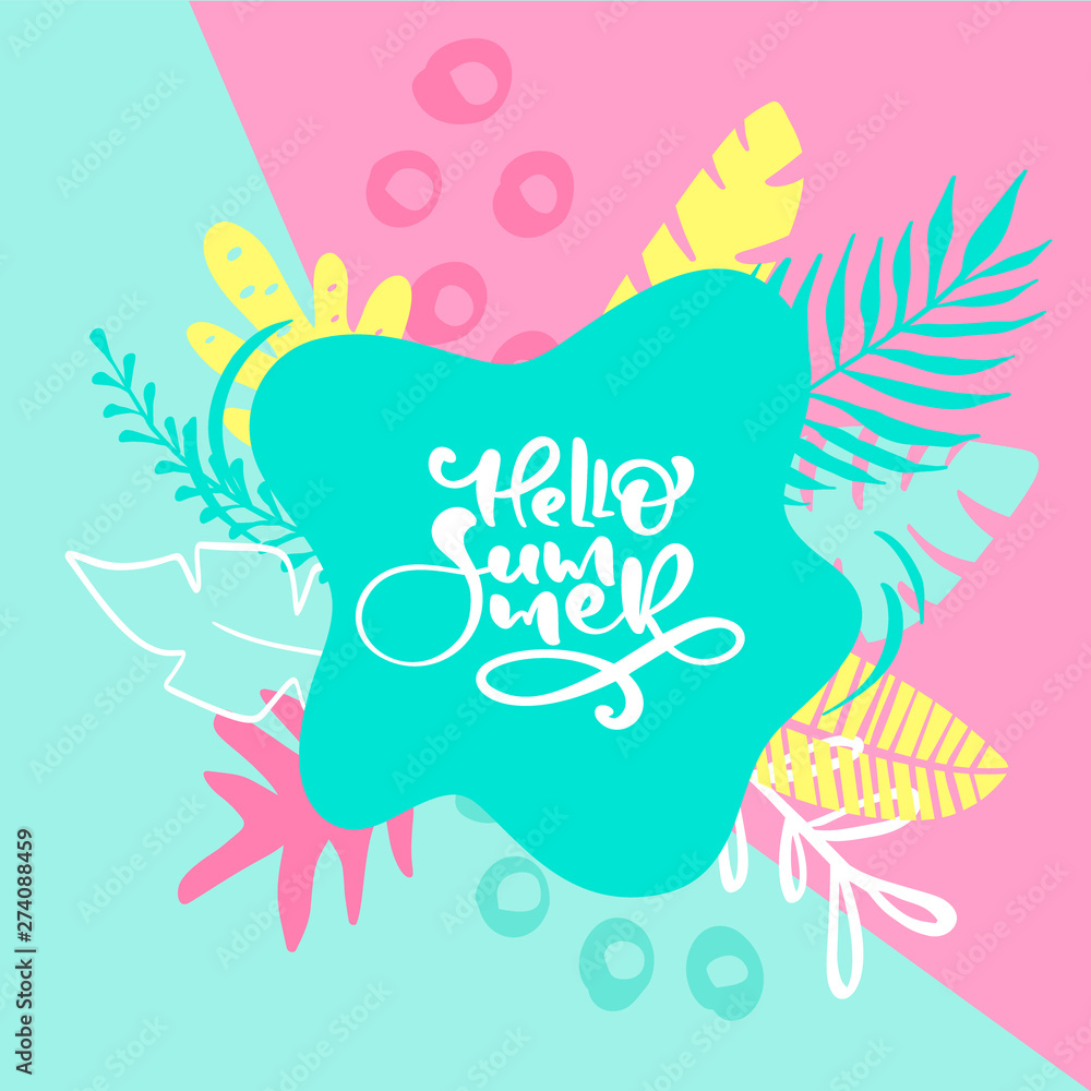 Naklejka premium Hello Summer calligraphy lettering text for greeting card. Creative doodle tropical beach travel graphic vector illustration. Retro typographical design