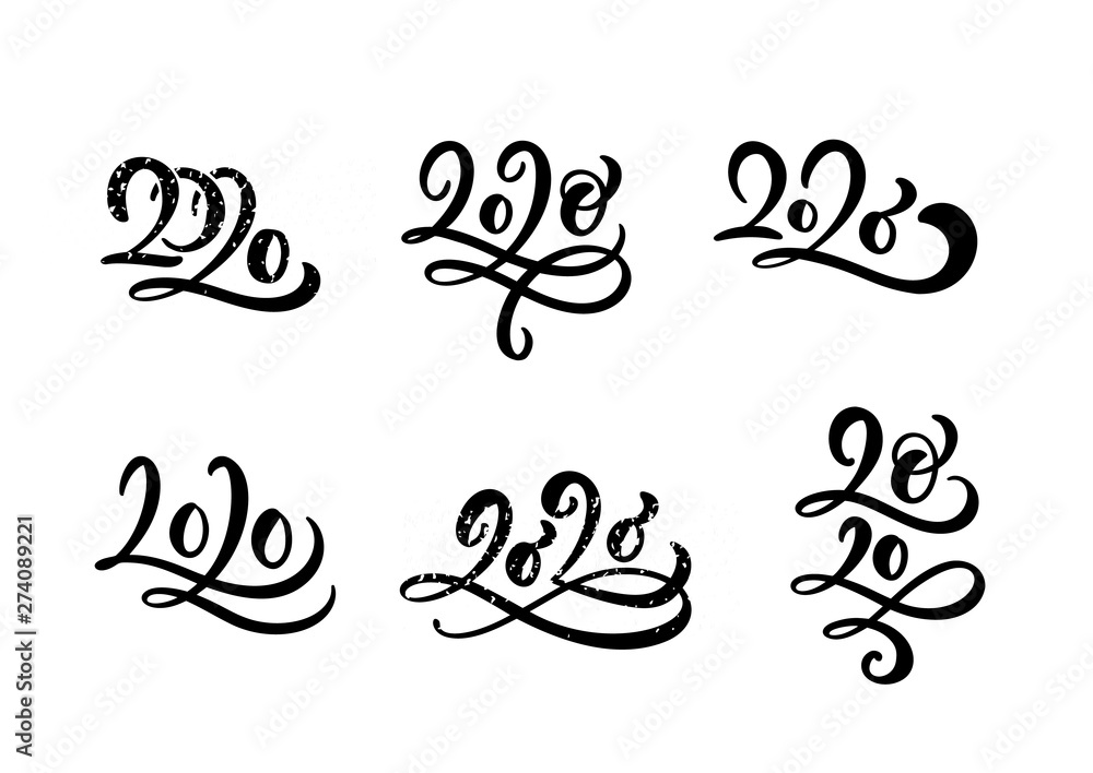 Obraz premium Happy New Year 2020. Set of calligraphy, hand drawn numbers for Christmas. collection is isolated on white background. Vector illustration