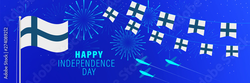 December 6 Finland Independence Day greeting card. Celebration background with fireworks, flags, flagpole and text. photo