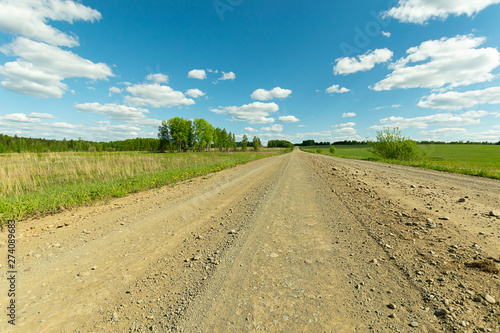 Dirt road in the countryside extending into the horizon and blue sky with clouds. Summer landscape.