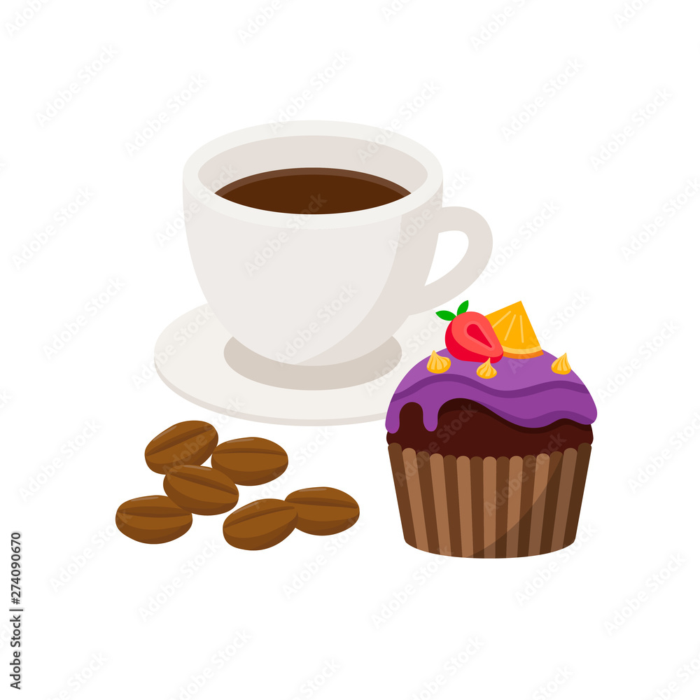 Cup of coffee with coffee beans and cupcake dessert vector illustration isolated on white background. Cup of coffee with coffee beans and cupcake dessert vector illustration isolated on white background.