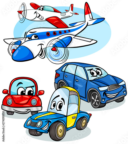 cars and planes group cartoon illustration