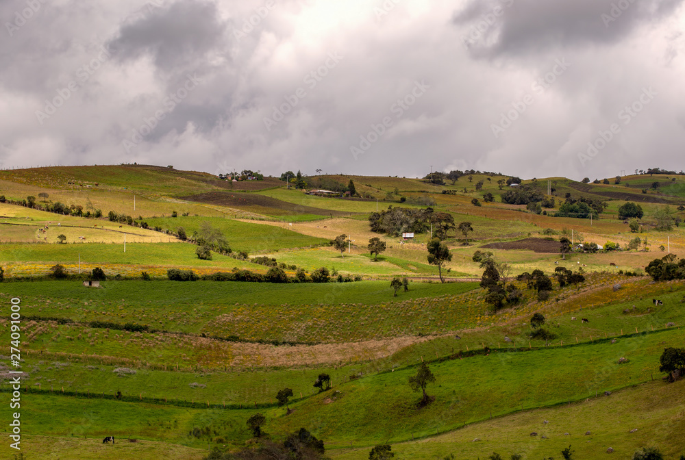 Multiple exposure of farmlands in the high mountains of the central Andes of Colombia in an overcasted day.