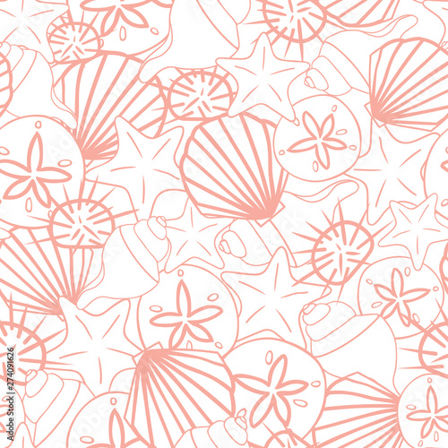 Vector light coral pink seashells on white seamless pattern texture background. Perfect for wallpaper  scrapbooking  invitations or textile design.