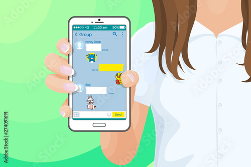 Girl holding smartphone with open kakao talk messenger chat vector. Modern technologies, instant messages service, texting and stickers or emoji, mobile app