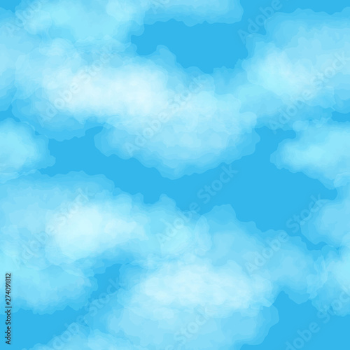 Seamless bright blue day sky pattern with watercolor clouds