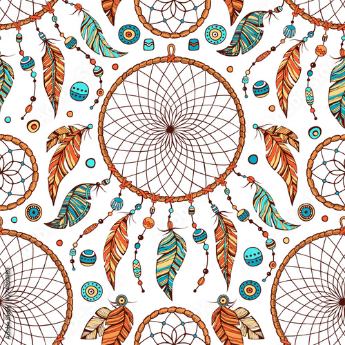 Hand drawn boho seamless pattern with indian tribal dream catcher and beads