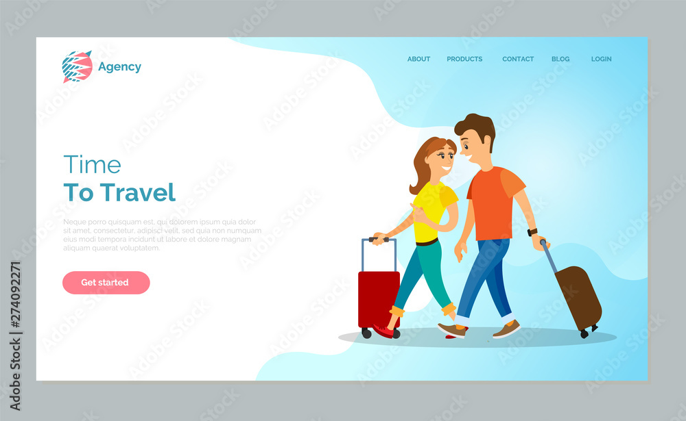 Time to travel vector, people on vacation walking from airport, bags and baggage. Man and woman happy to have holidays and relaxation from work. Website or webpage template, landing page flat style