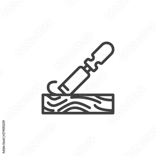 Chisel plowing a wood plank line icon. linear style sign for mobile concept and web design. Handle wooden chisel outline vector icon. Woodworking symbol, logo illustration. Vector graphics