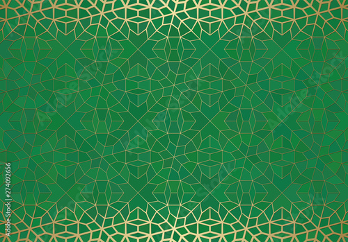 Abstract background with islamic ornament, arabic geometric texture. Golden lined tiled motif.