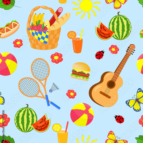Vector seamless pattern with summer picnic set