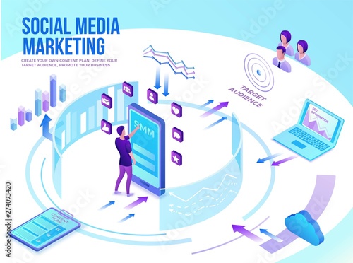 Social media marketing concept, 3d isometric infographic promotion campaign, online digital technology, business people analyze target audience, content plan, seo optimisation vector illustration