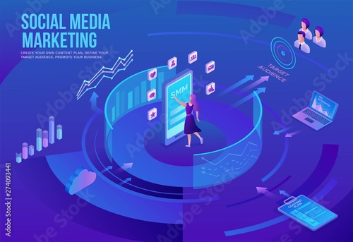 Social media marketing concept, 3d isometric infographic promotion campaign, online digital technology, business people analyze target audience, content plan, seo optimisation vector illustration