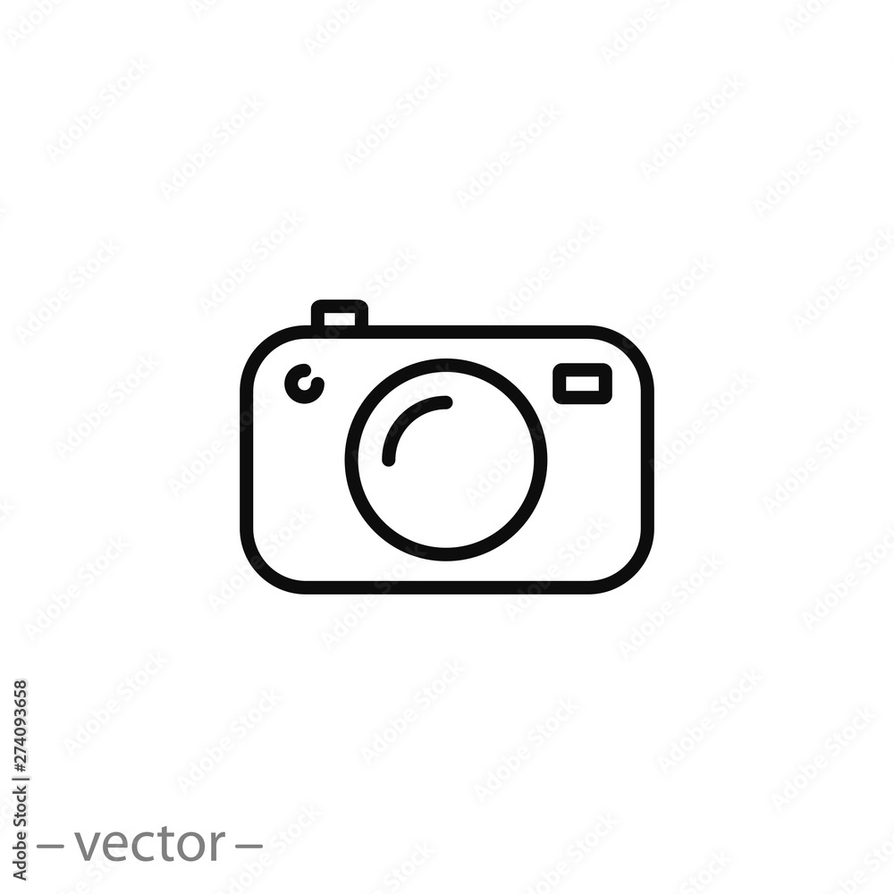 camera icon, photographing, line symbol on white background - editable stroke vector illustration