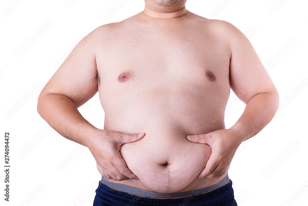 Concept bad healthy : Big belly of fat man isolated on white background