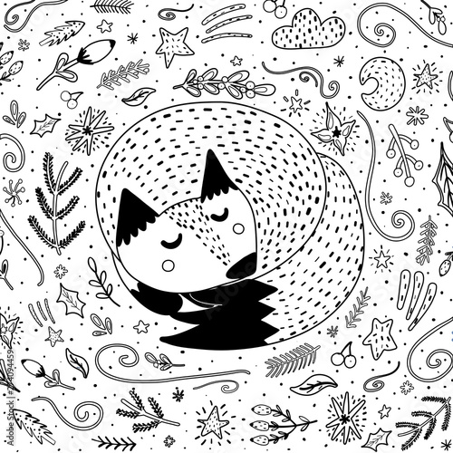 Sleeping fox coloring page for adults and kids. Black and white background