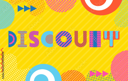 Template for discount card. Trendy geometric font in memphis style of 80s-90s. Background  with abstract geometric elements.
