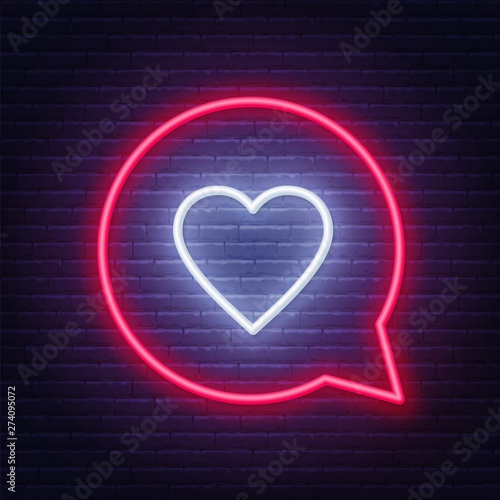 Neon sign like in speech bubble frame on dark background. Light banner on the wall background.