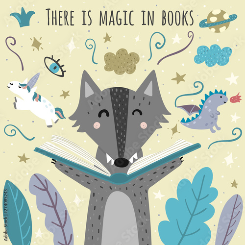 There is magic in books awesome card with cute wolf. Fantasy creatures flying out of an open book