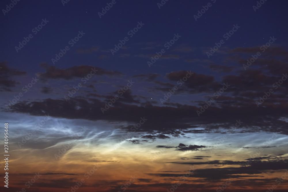 Noctilucent clouds closeup summer night.