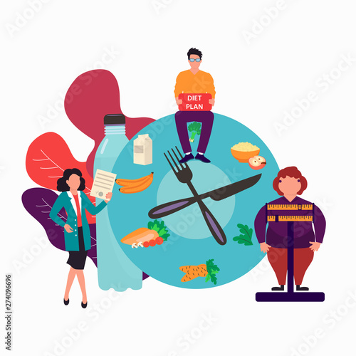 Fat obese woman on scales and doctor showing obesity deseases.  Flat tiny persons concept diet chart. Obesity health problem. Overweight treatment concept.